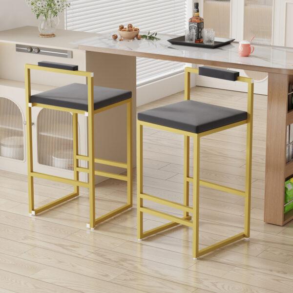 Set Of 2 Bar Stools With Backrest & Footrest Counter Height Velvet Upholstered Dining Chairs For Kitchen Island  Gold & Gray