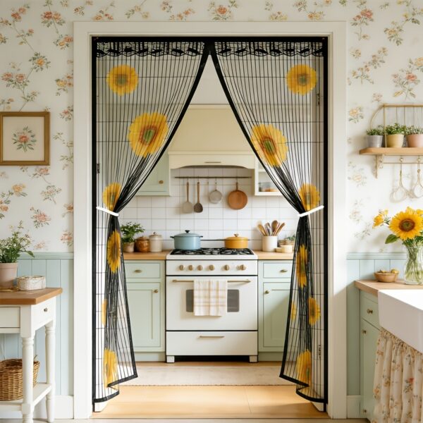 Magnetic Screen Door, Sunflower Print Mesh Curtain With Lace Edge, Hands-Free Self-Closing Insect Mosquito Net, Keep Bugs Out Pet Friendly, Fits Single Door For Home Patio Kitchen Doorway