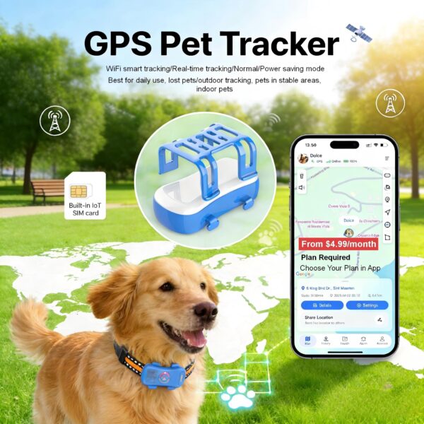 Dog GPS Tracker Real Time, Anti-Lost Pet Tracker With Geofence, Flash Light And Sound Alarm, Unlimited Distance Tracking, Fits Most Pet Collars, Subscription Required