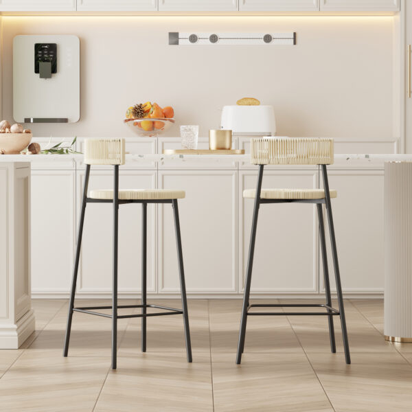 Counter Stools Set Of 2 Handwoven Paper Rope Bar Stools Boho Round Dining Pub Chairs For Kitchen  Black & Creamy White