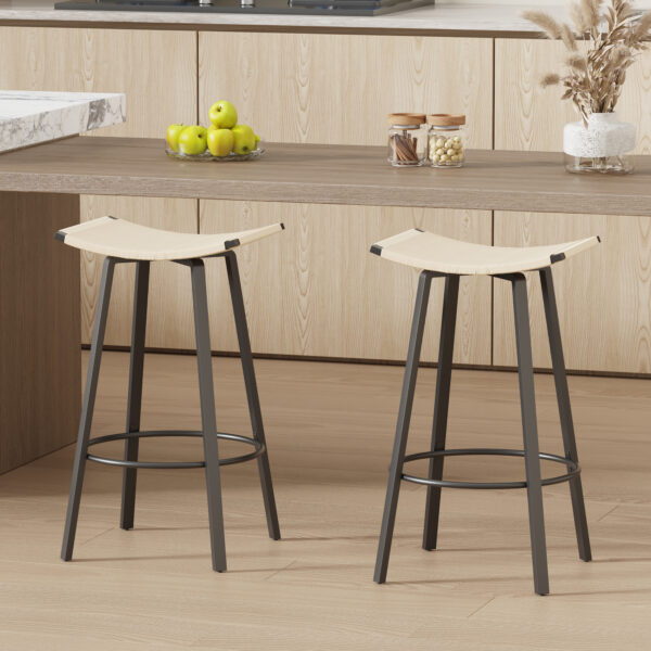 Counter Height Bar Stools Backless Handwoven Kitchen Dining Chairs With Round Footrest Set Of 2 PVC Weaving Pub Stool For Indoor & Outdoor Black & Creamy White