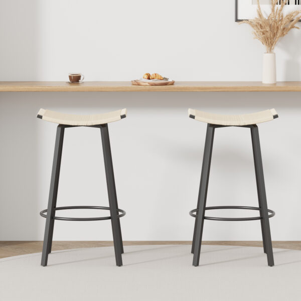 Counter Height Bar Stools Backless Handwoven Kitchen Dining Chairs With Round Footrest Set Of 2 PVC Weaving Pub Stool For Indoor & Outdoor Black & Creamy White
