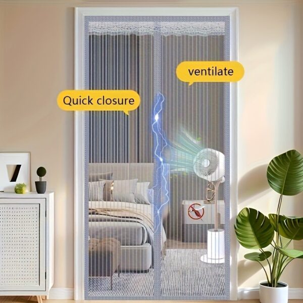 Magnetic Screen Door Curtain - Manual Or Automatic Closing Mesh, White Stripe Design, Mosquito-proof Summer Breathable Partition, Suitable For Living Room, Bedroom, Garage, Kitchen - No Drilling Neede
