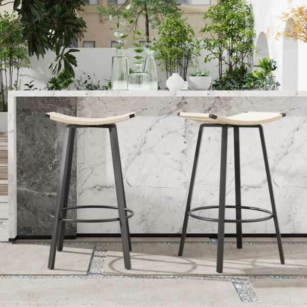 Counter Height Bar Stools Backless Handwoven Kitchen Dining Chairs With Round Footrest Set Of 2 PVC Weaving Pub Stool For Indoor & Outdoor Black & Creamy White